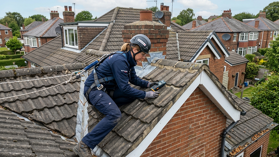 Eye-level view of a roofing technician inspecting a residential roof
