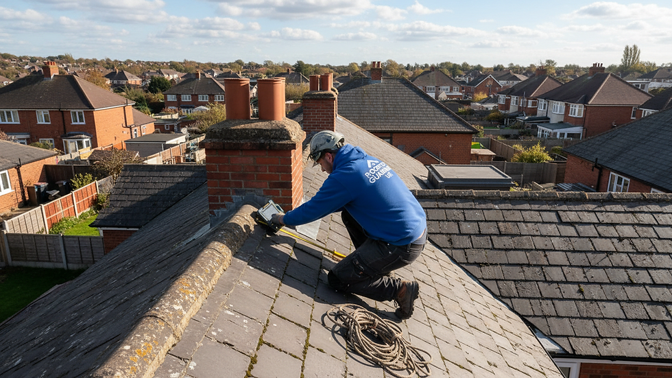 High angle view of roofing contractor inspecting a roof