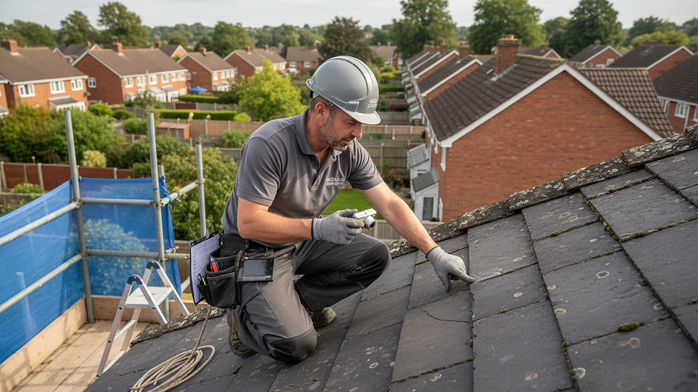 Eye-level view of a roofing contractor inspecting a residential roof