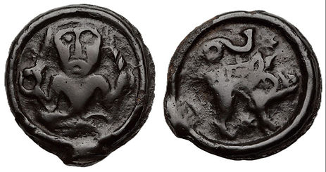 1er siècle avant JC Rèmes (région de Reims) Potin au personnage assis et au sanglier.jpg