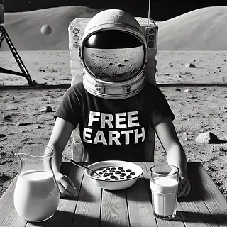 Astronaut eating cereal on the moon with a shirt that says "FREE EARTH".