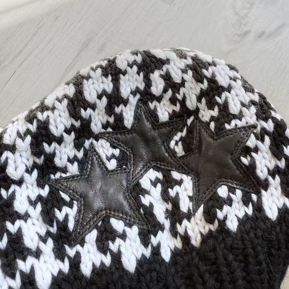 Thumbnail: Chrome Hearts Black and white houndstooth star patch leather beret