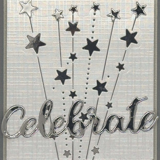 A sleek, silvery miniature greeting card that says "Celebrate" from MiniMoments Cards.