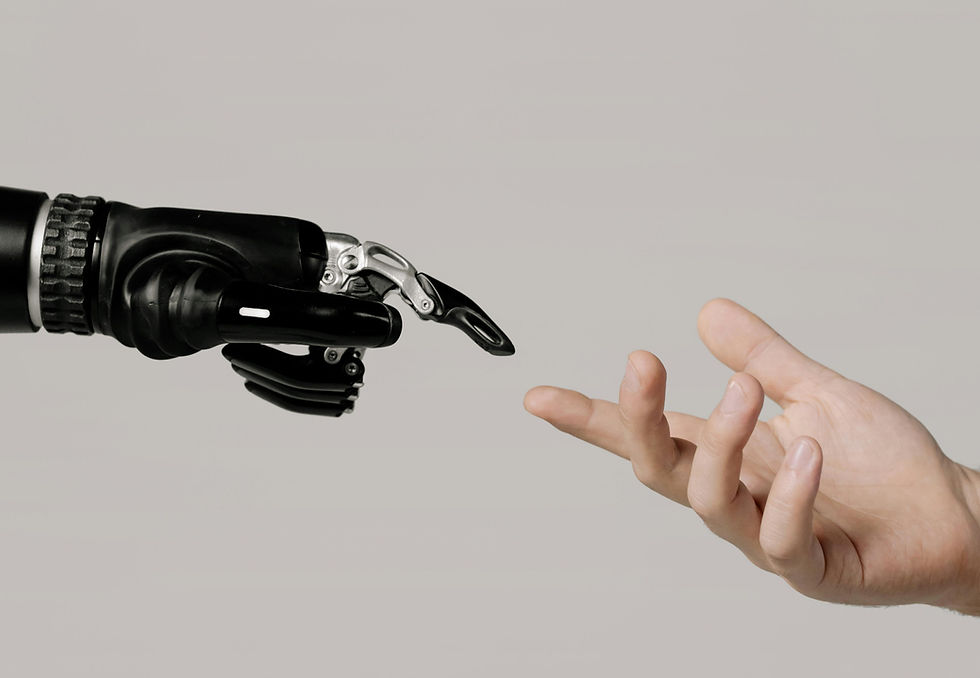 Image of a robot (representing AI in your marketing) connecting with a human hand (representing our audience)
