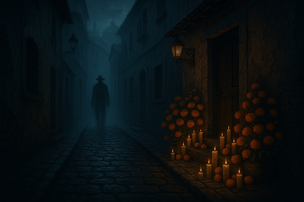 "Callejón oscuro en Guanajuato iluminado con velas y flores de cempasúchil en Día de Muertos."