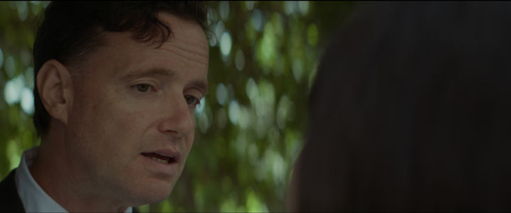 Film still from If I Told You: close-up of a man in a white shirt mid-conversation, soft green foliage behind him.