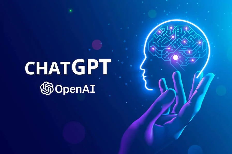 logo de open ai y texto de chatgpt sobre fondo azul oscuro