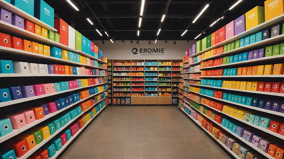 Eye-level view of colorful merchandise display in an urban shopping space