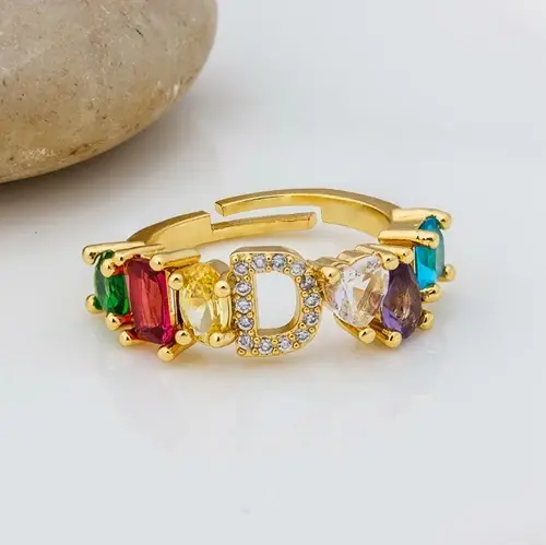 Thumbnail: Adjustable A-Z Initial Ring Copper Zircon Rainbow Letter Ring