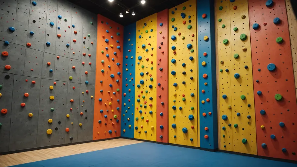 Eye-level view of a vertical climbing wall in a fitness center