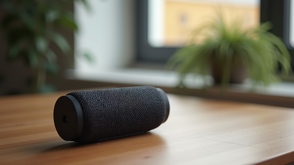 Close-up view of a compact Bluetooth speaker on a wooden table