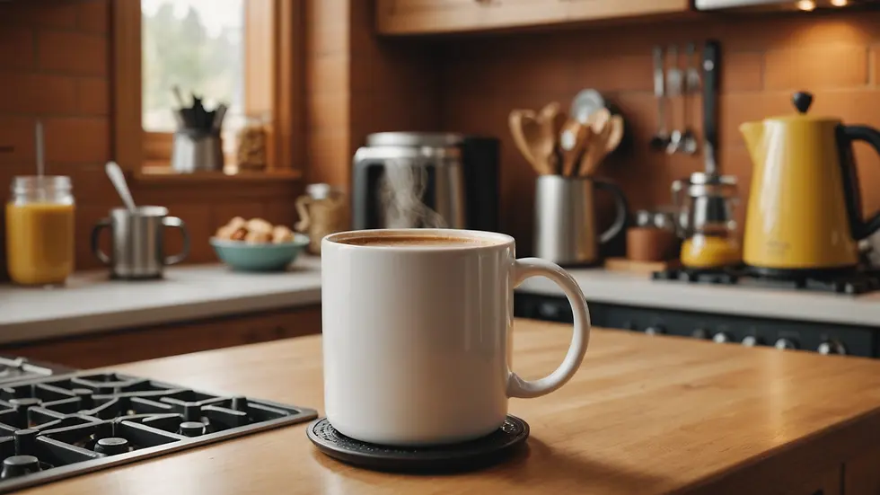 Eye-level view of a neatly organized self stirring coffee mug in a cozy kitchen setting