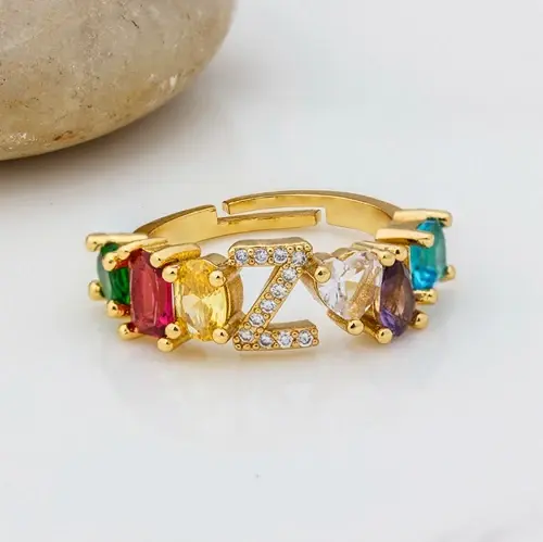 Thumbnail: Adjustable A-Z Initial Ring Copper Zircon Rainbow Letter Ring