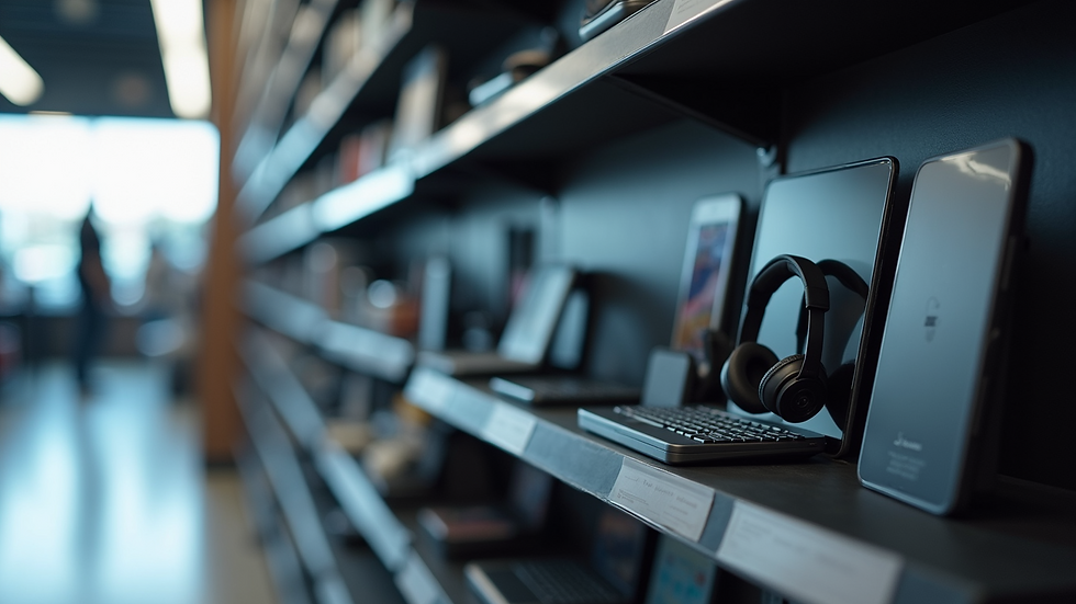 Eye-level view of a neatly organized tech gadget display on a store shelf