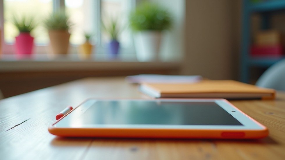 Eye-level view of a colorful educational tablet for kids on a desk