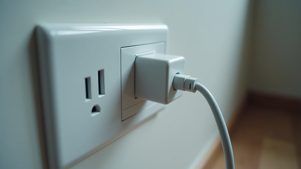 Eye-level view of a smart plug plugged into a wall outlet