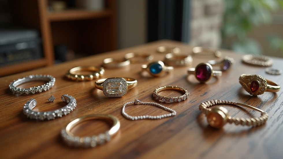 Eye-level view of assorted affordable jewelry pieces on wooden table