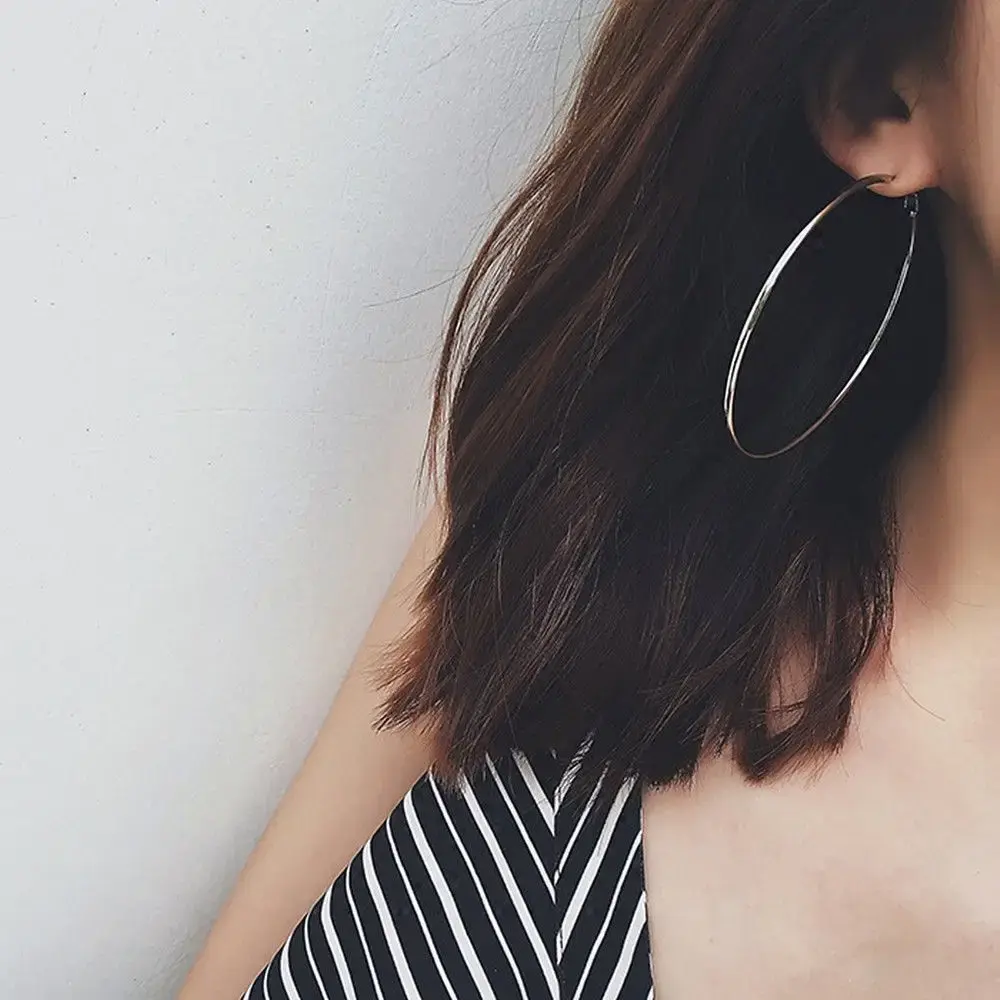 Gold Plated Silver Color Metal Large Big Round Hoop Earings for Women Jewelry