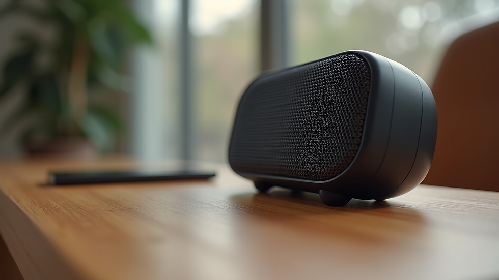 Eye-level view of a portable Bluetooth speaker on a wooden table