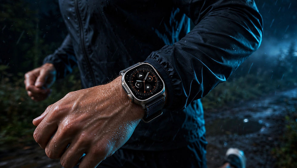 Apple Watch Ultra 4 on an athlete's wrist during a rainy night run