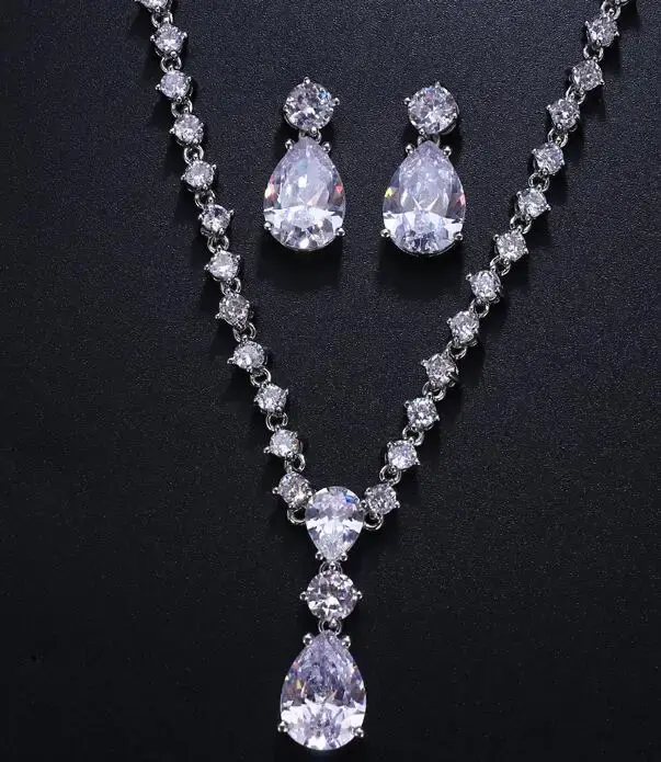 Thumbnail: Cubic Zirconia Crystal Women Earrings + Necklace Set for Brides & Weddings