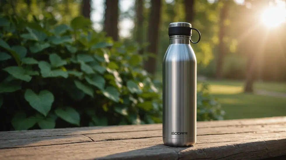 Eye-level view of a stainless steel reusable water bottle