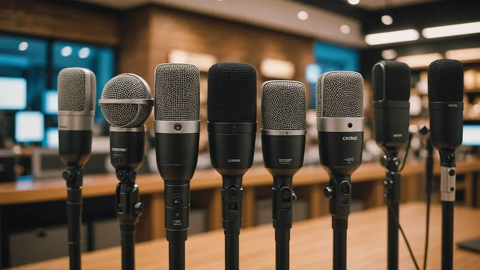 Eye-level view of various microphone options displayed in a retail setting