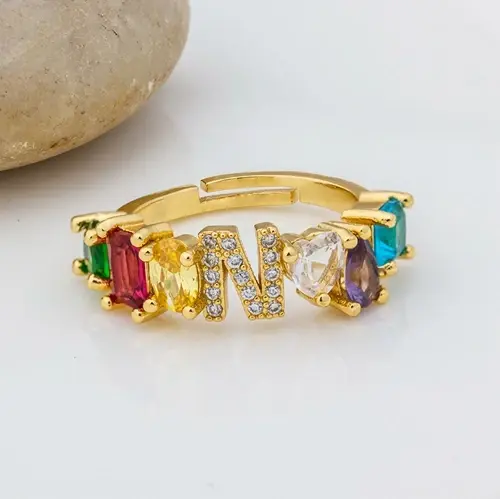 Thumbnail: Adjustable A-Z Initial Ring Copper Zircon Rainbow Letter Ring