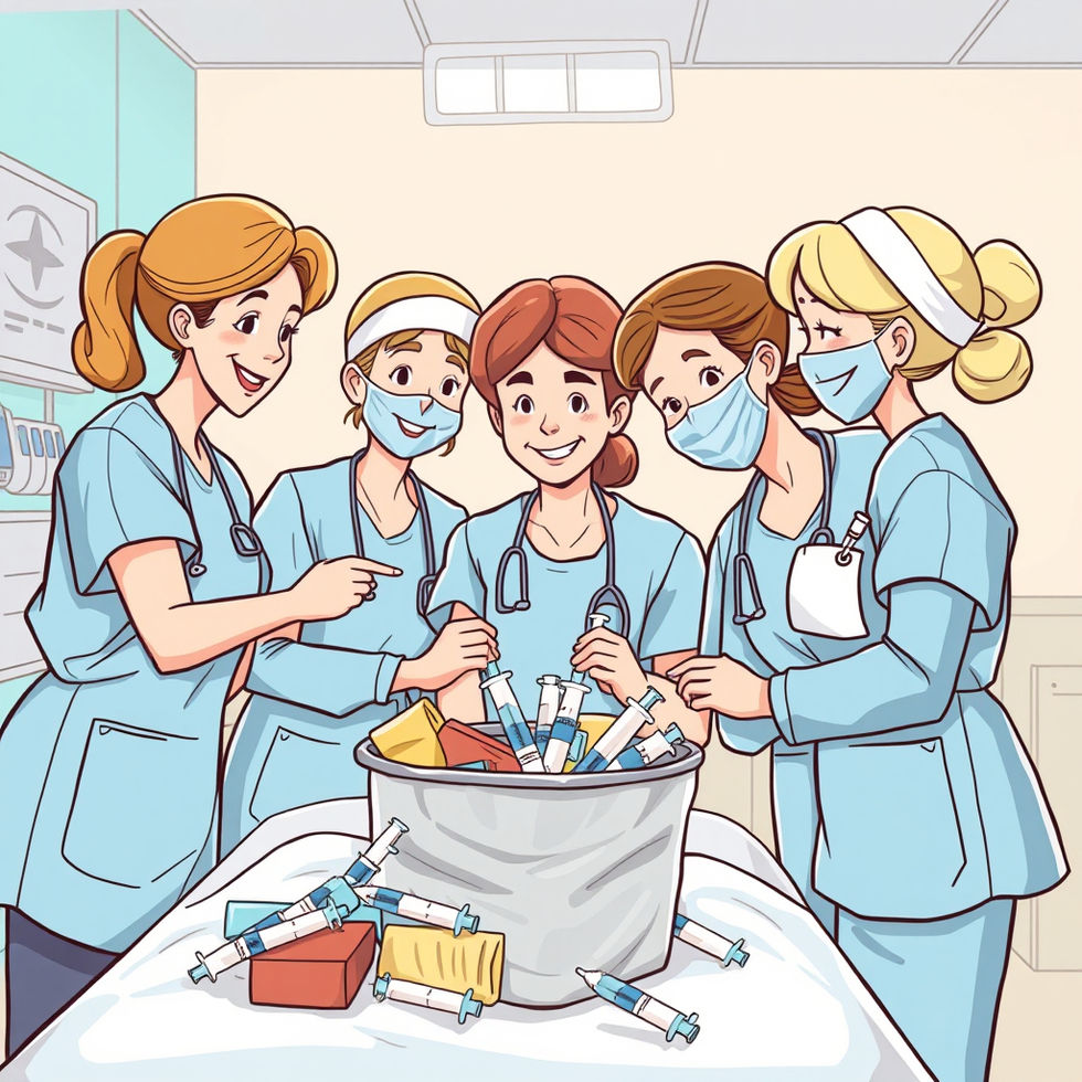 nurses collaborating on bedside hospital supply waste reduction like trash and syringes, t