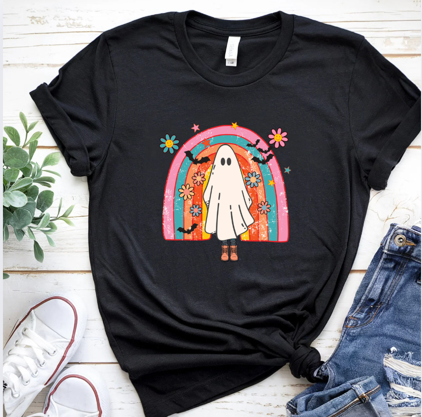 Rainbow Ghost Tee – Playful Graphic Shirt for Spooky Season & Ghoul Fans