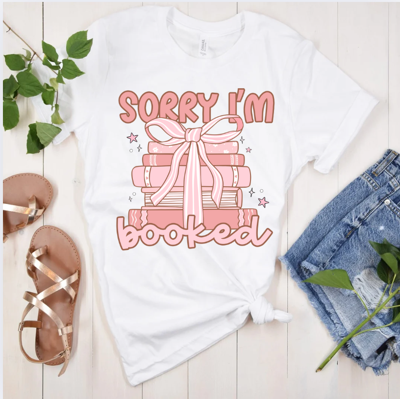 Sorry I’m Booked Tee – Pink Book & Coquette Bow Graphic Shirt