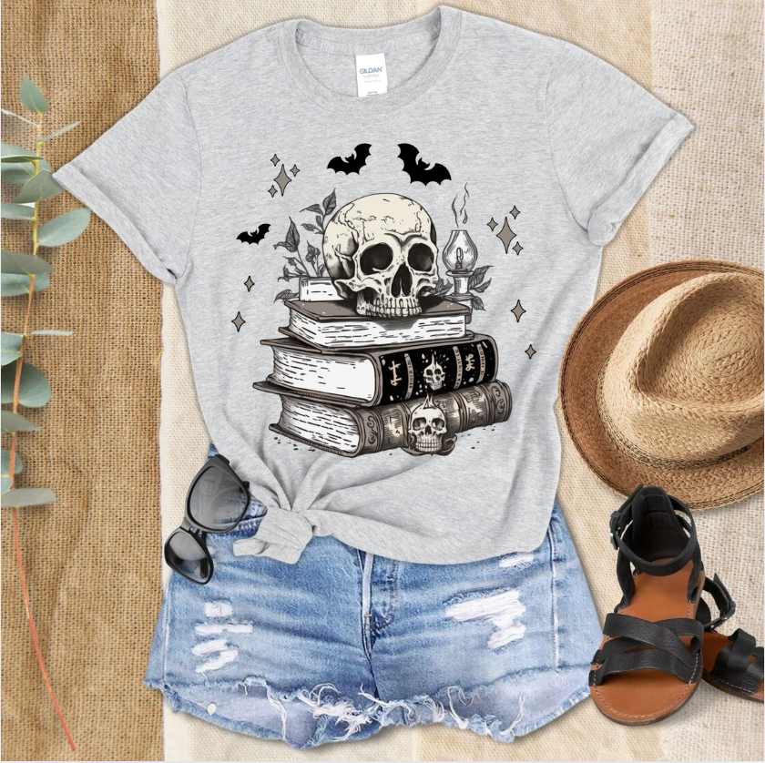 Skull, Books & Bats Tee – Gothic Graphic Shirt for Spooky Season & Witchy Vibes