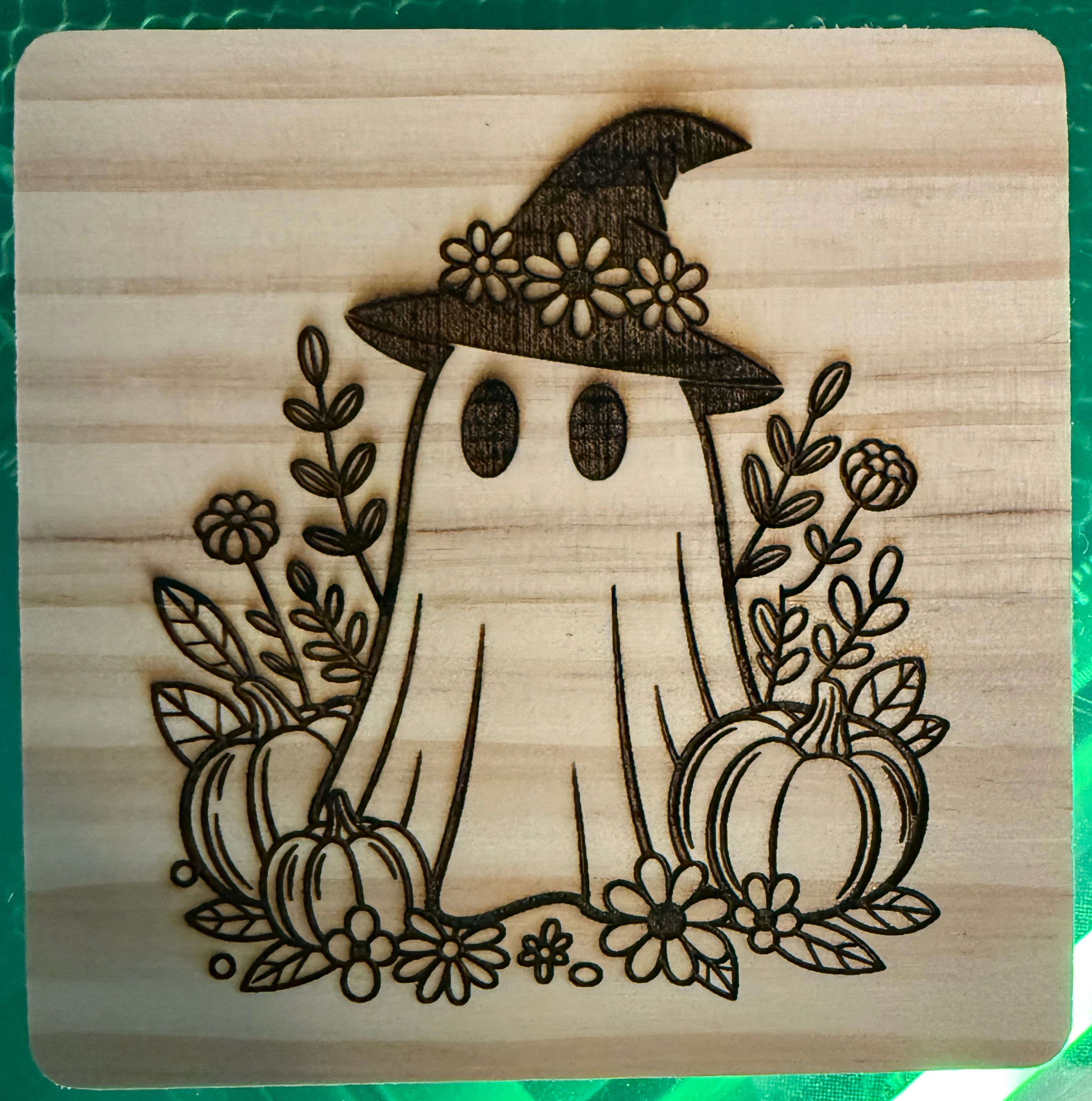 Engraved Ghost & Floral Wood Coaster