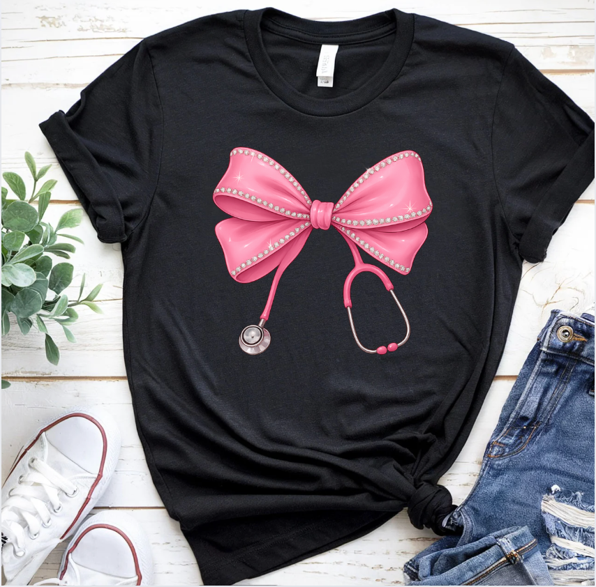 Nurse Stethoscope Coquette Tee – Bow & Stethoscope Graphic Shirt