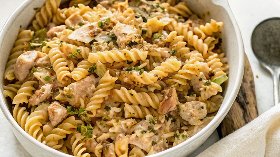 Comforting French Onion Chicken Pasta Bake with tender chicken, creamy sauce, mushrooms, and spinach, all finished with a bubbling cheesy top for the perfect cosy dinner.