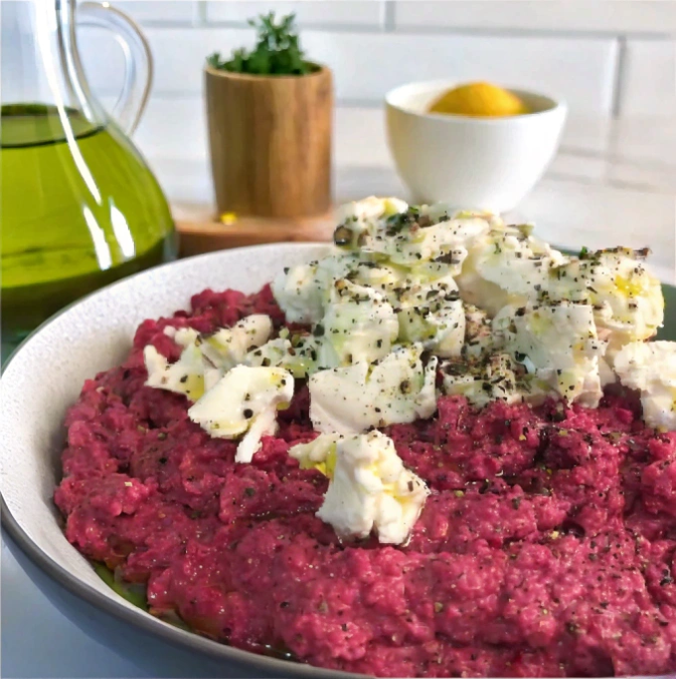 A summer dip, Beetroot Hummus with crumbled Feta and Herbalicious Salt