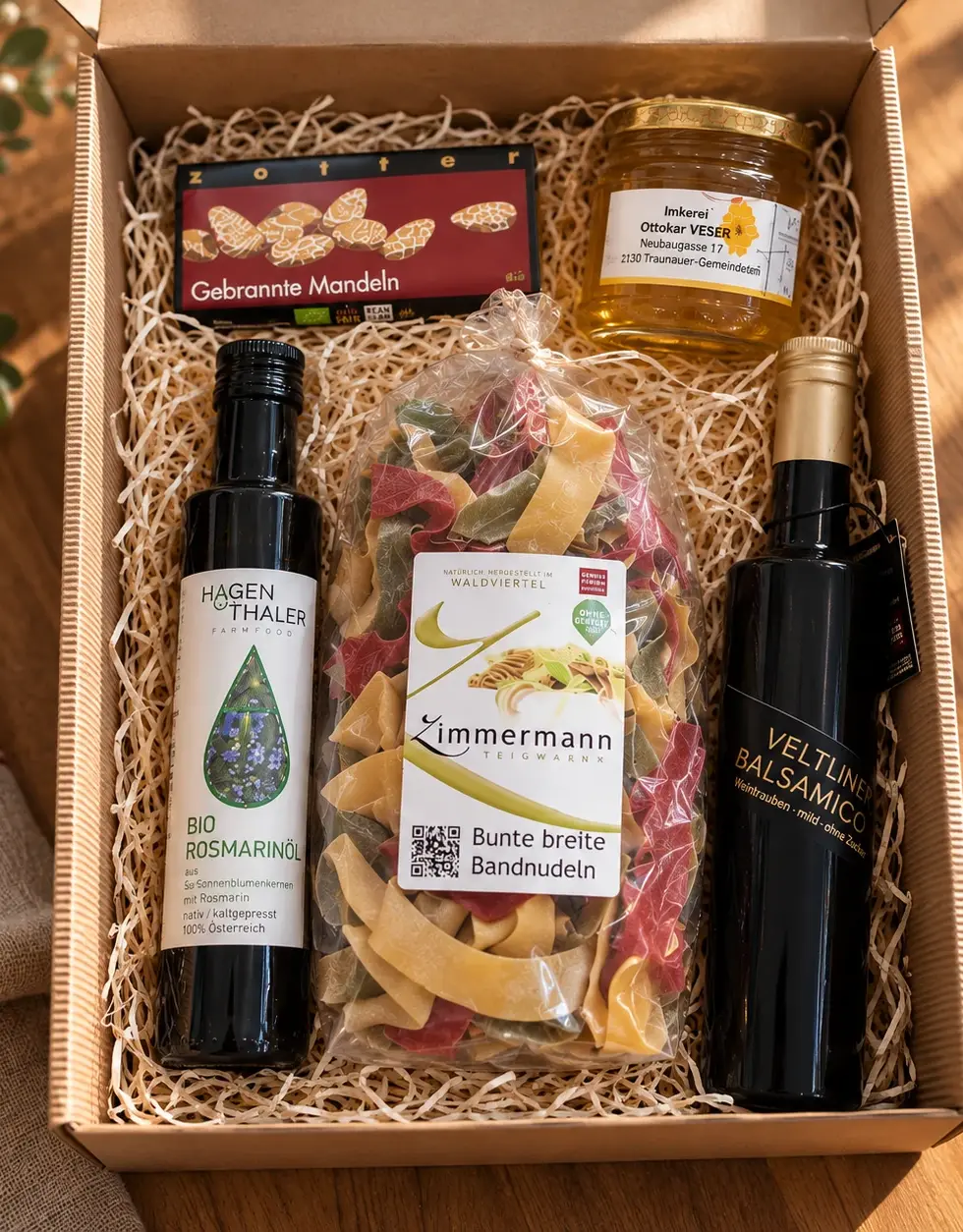 Geschenkkorb mit Bio-Rosmarinöl von Hagen Thaler, bunten Bandnudeln von Zimmermann, Zotter Gebrannten Mandeln, Honig, Wein