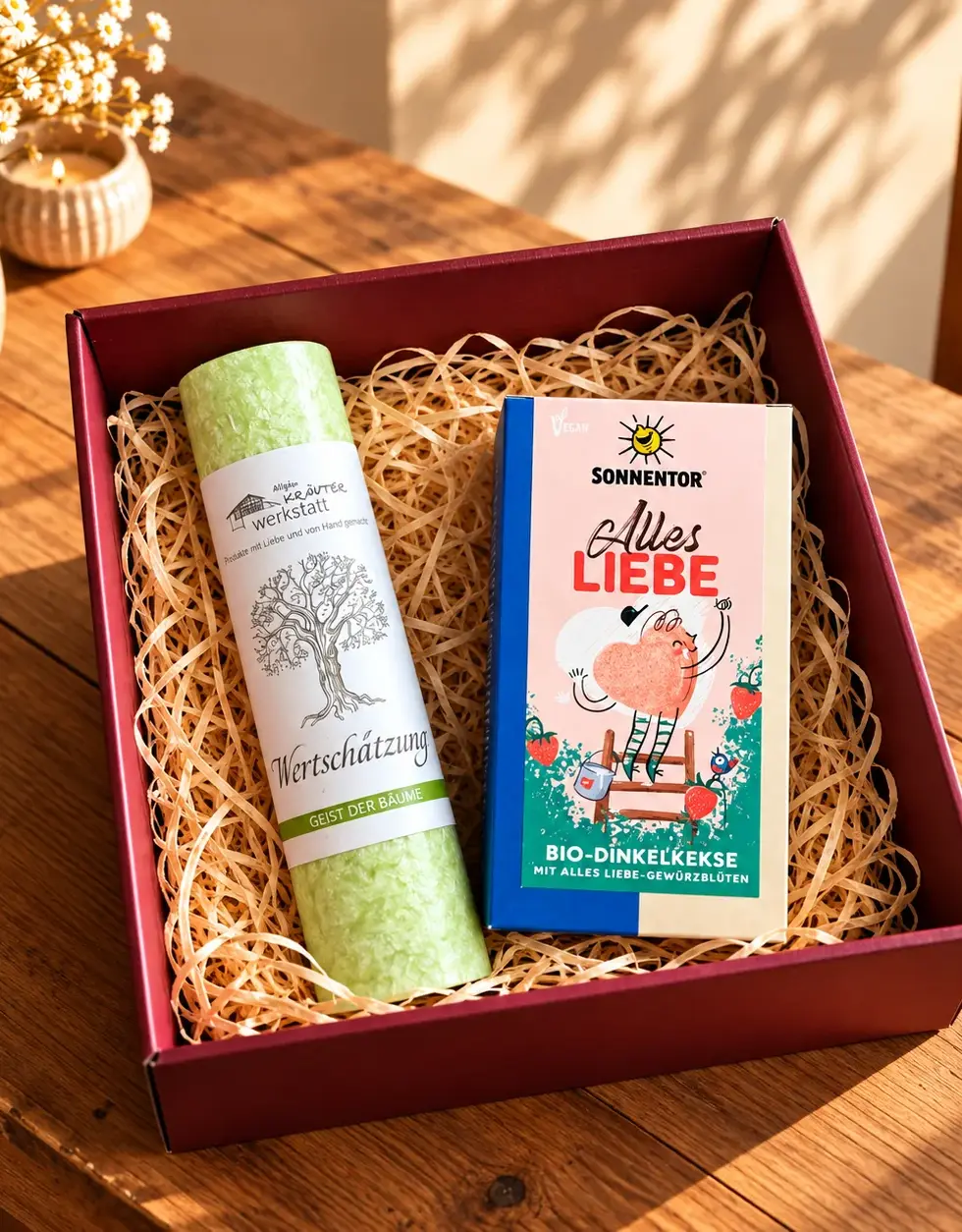 Geschenkset Wertschätzung mit grüner Kerze der Allgäuer Kräuterwerkstatt und SONNENTOR Alles Liebe Bio-Dinkelkeksen