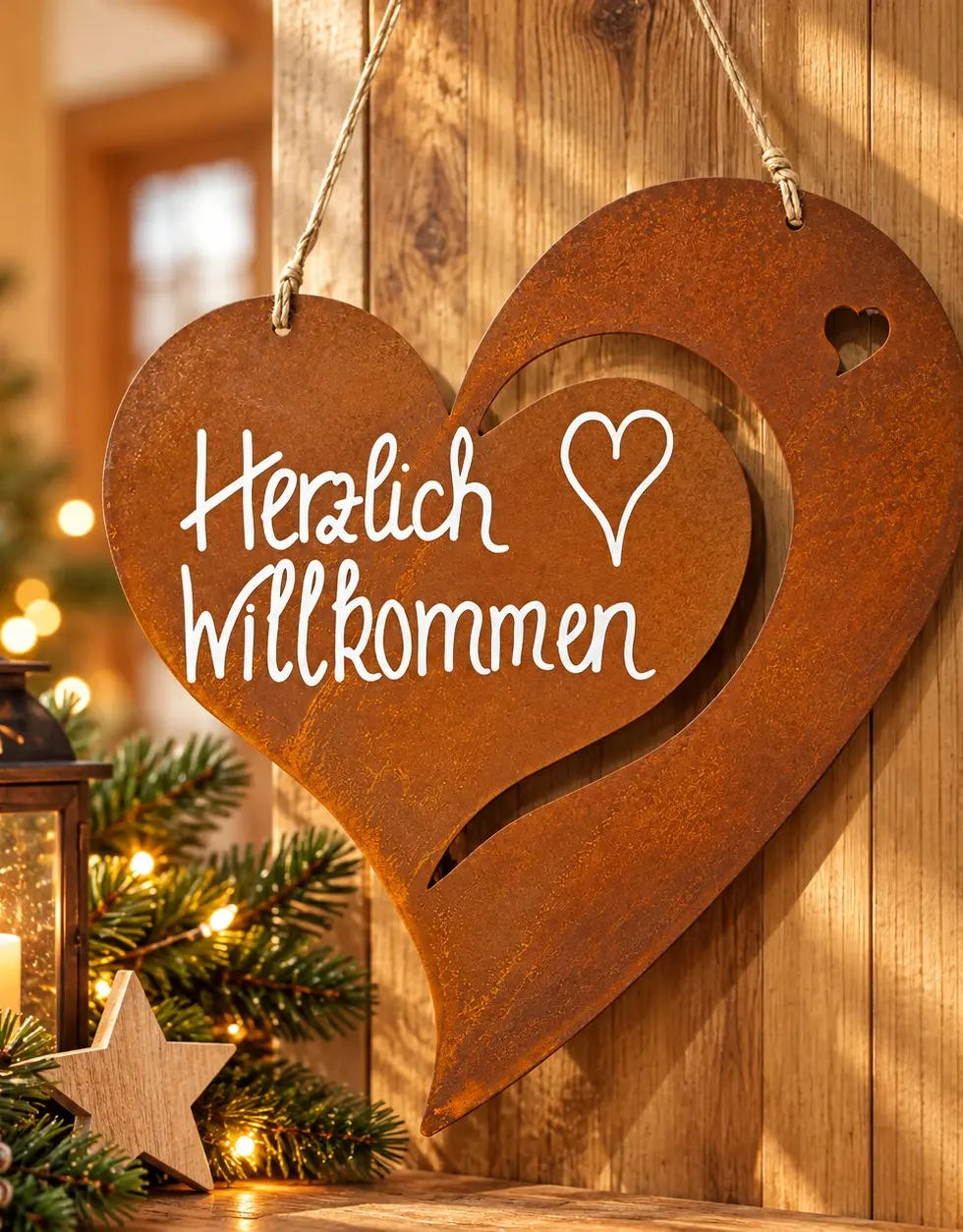 Rostfarbenes Dekoherz aus Metall mit Schriftzug „Herzlich Willkommen“, aufgehängt an einer Holzwand mit Weihnachtsdeko