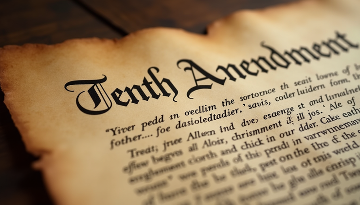 Eye-level view of the United States Constitution showing the Tenth Amendment section