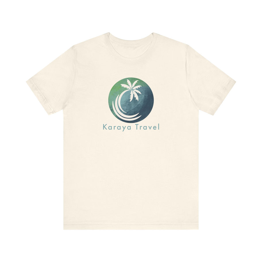 Cream t-shirt with Karaya Travel logo: palm tree in teal circle