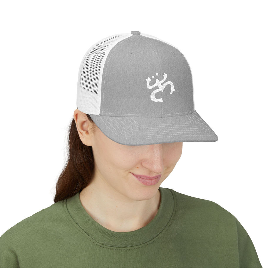 Woman models gray and white Coqui frog trucker hat