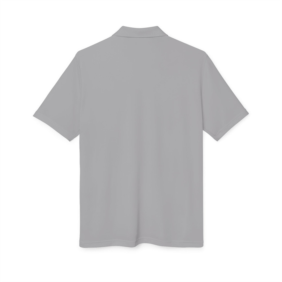 Grey men's short-sleeve polo shirt shown from the back