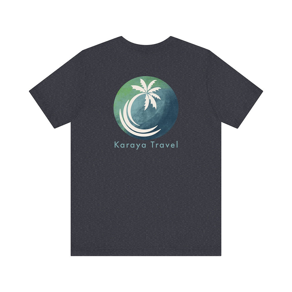 Dark heather gray t-shirt with palm tree and wave design, Karaya Travel