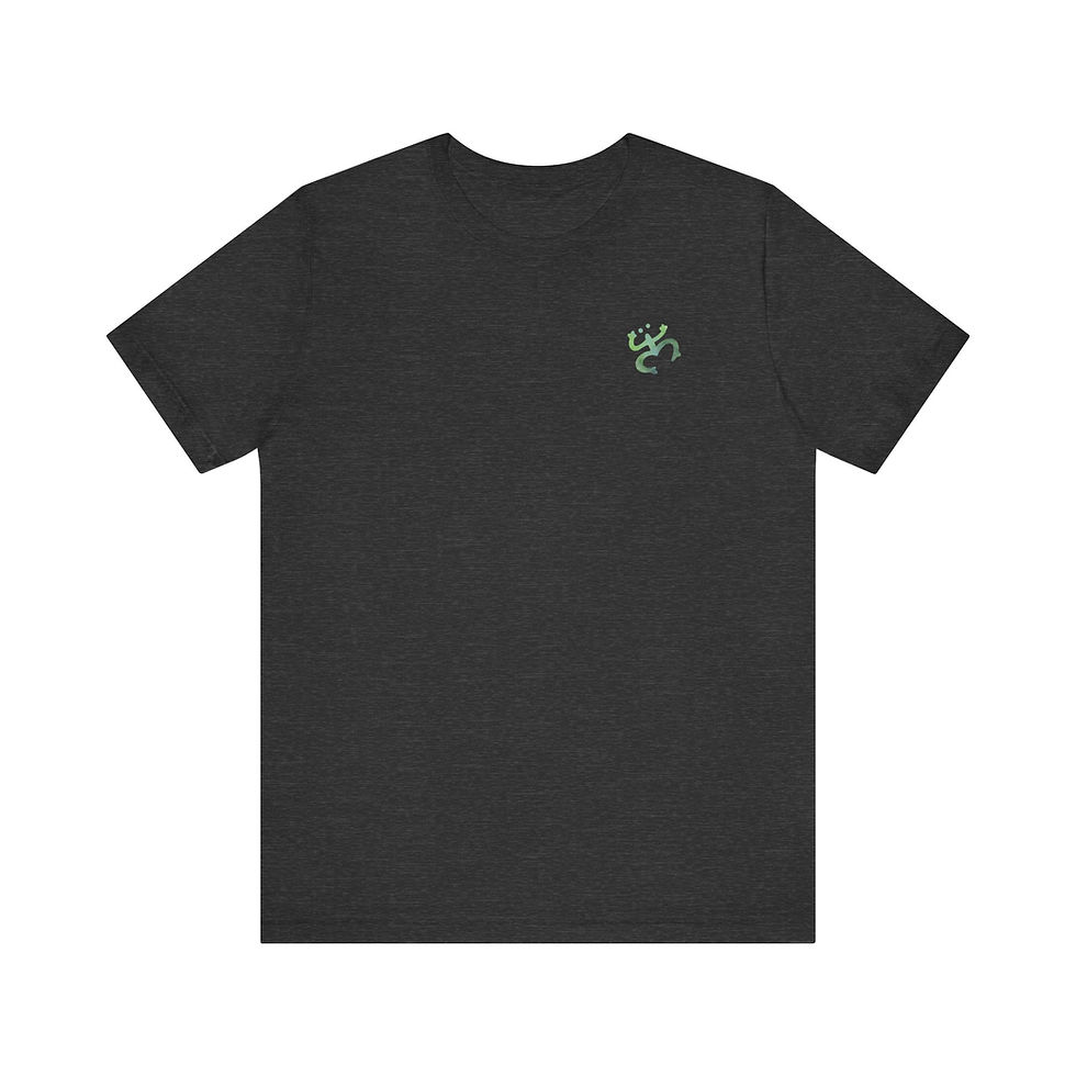 Dark gray t-shirt with small green frog logo on the left breast