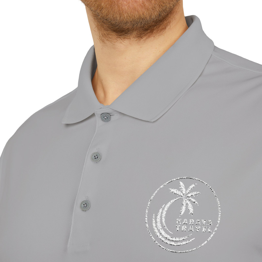 Grey polo shirt with Karaya Travel logo