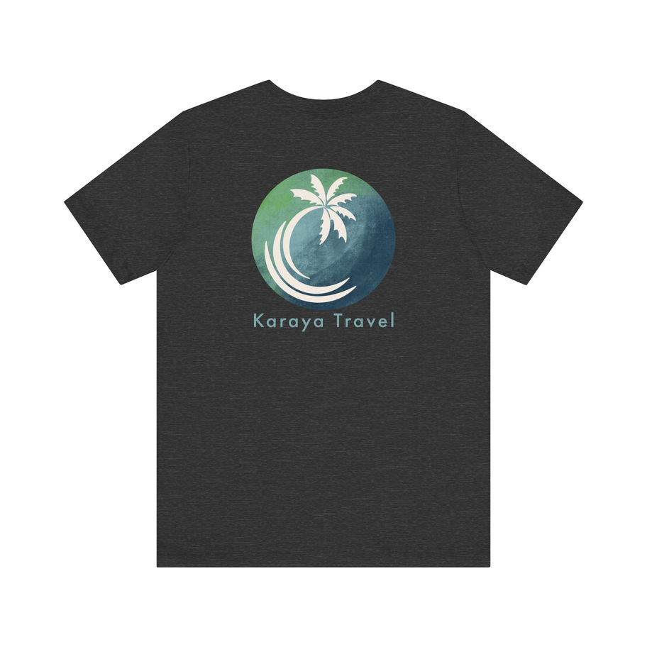 Dark gray t-shirt, palm tree design, Karaya Travel