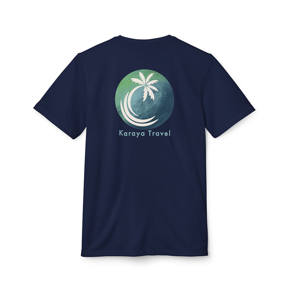 Dark blue Karaya Travel t-shirt with palm tree logo