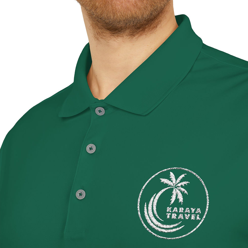 Green polo shirt with Karaya Travel logo