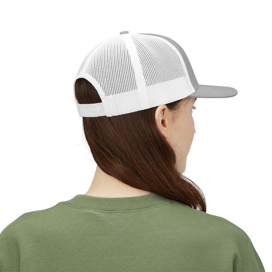 Gray and white mesh back trucker hat model